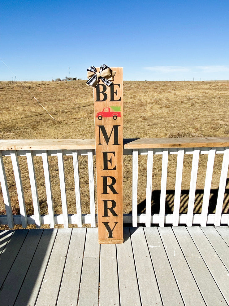 Farmhouse Rustic Be Merry Christmas sign with buffalo plaid bow and burlap bow porch / door sign. Large Be Merry front door wood sign