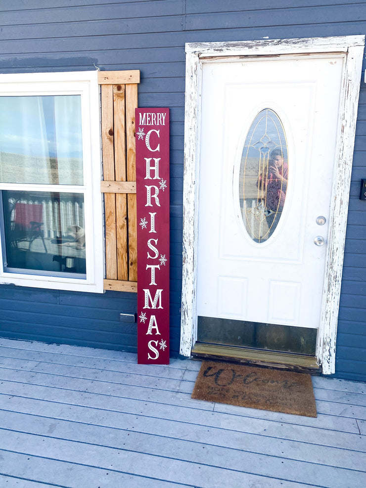Red Merry Christmas Sign with Snowflakes / Front Door Leaner Christmas front porch/entryway wooden door sign / Large Merry Christmas sign