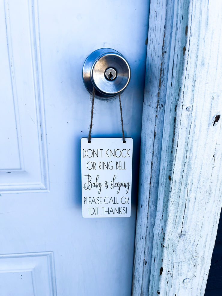 Don't knock or ring bell. Baby is sleeping. Please call or text. Thanks! Small engraved baby sleeping sign. Baby shower gift for new moms