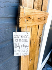 Don't knock or ring bell. Baby is sleeping. Please call or text. Thanks! Small engraved baby sleeping sign. Baby shower gift for new moms
