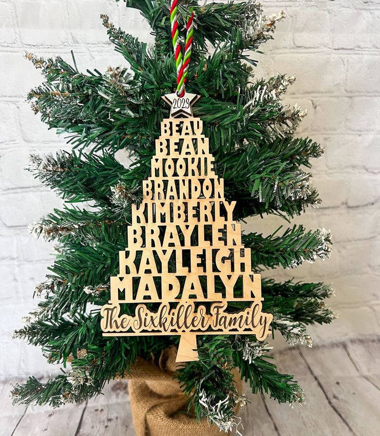Personalized Christmas Tree Name Ornament 2023 / Family Ornament / Ornament Shaped like a Tree / Xmas Ornament Family Names / Ornament Gift