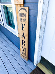 Welcome to our Farm House sign / Welcome farm sign w/ twine at bottom / Front door decor / Porch wood sign / Farmhouse front door wood sign
