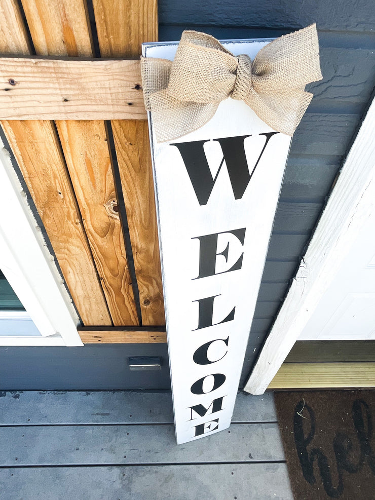 Welcome rustic front door porch sign / White welcome sign with bow / Porch leaner door decor / Distressed patio sign / Welcome to our home