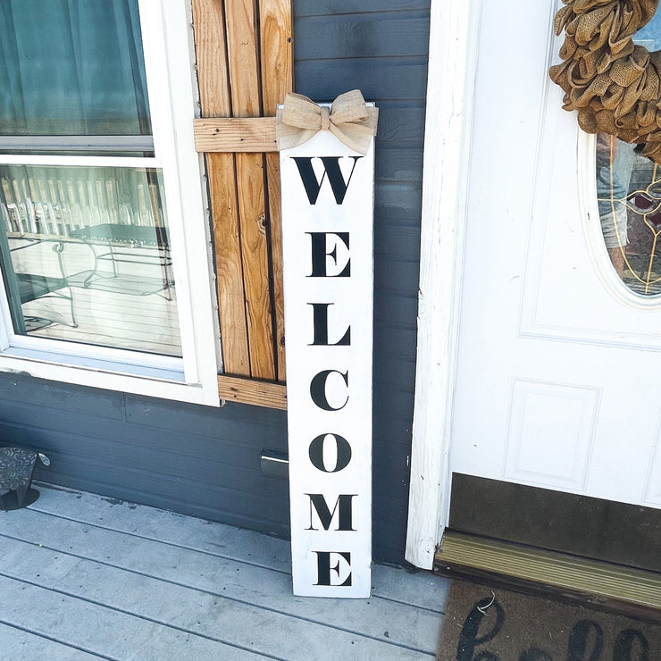 Welcome rustic front door porch sign / White welcome sign with bow / Porch leaner door decor / Distressed patio sign / Welcome to our home