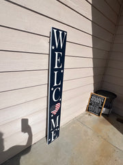 Reversible Blue Welcome Heart American Flag Patriotic and White Front Door Welcome Sign, Double Sided - Tall Porch Sign - 4th of July Sign
