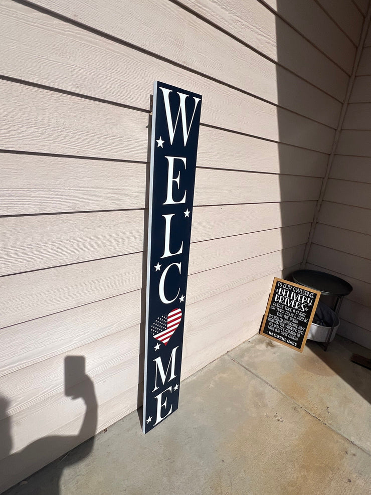 Reversible Blue Welcome Heart American Flag Patriotic and White Front Door Welcome Sign, Double Sided - Tall Porch Sign - 4th of July Sign