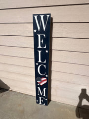 Reversible Blue Welcome Heart American Flag Patriotic and White Front Door Welcome Sign, Double Sided - Tall Porch Sign - 4th of July Sign