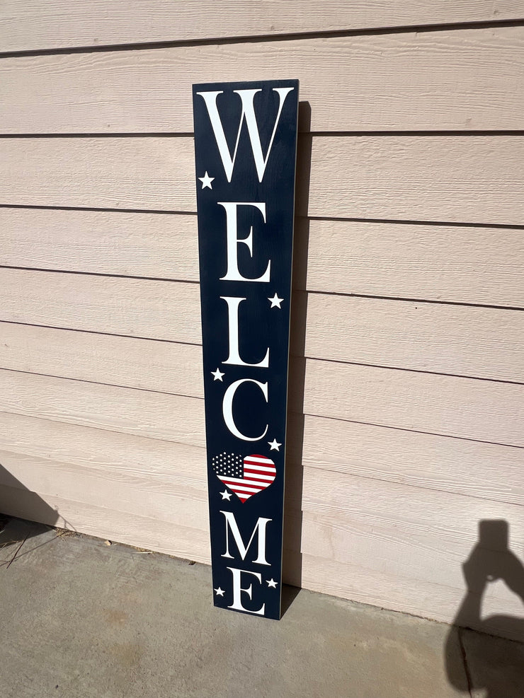 Reversible Blue Welcome Heart American Flag Patriotic and White Front Door Welcome Sign, Double Sided - Tall Porch Sign - 4th of July Sign
