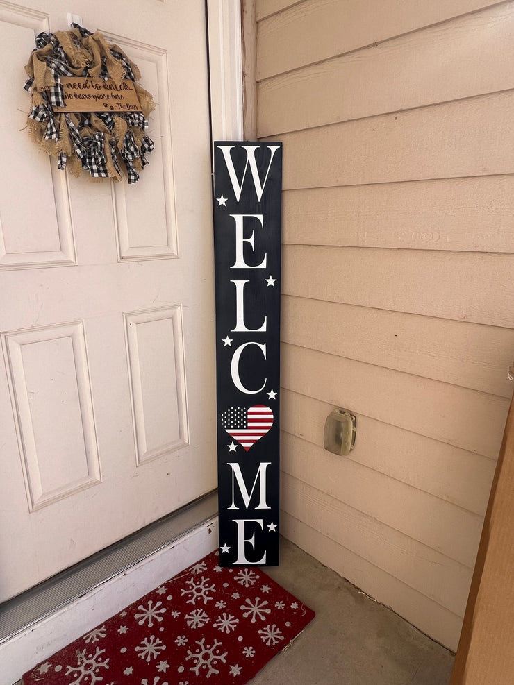 Reversible Blue Welcome Heart American Flag Patriotic and White Front Door Welcome Sign, Double Sided - Tall Porch Sign - 4th of July Sign