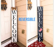 Reversible Blue Welcome Heart American Flag Patriotic and White Front Door Welcome Sign, Double Sided - Tall Porch Sign - 4th of July Sign