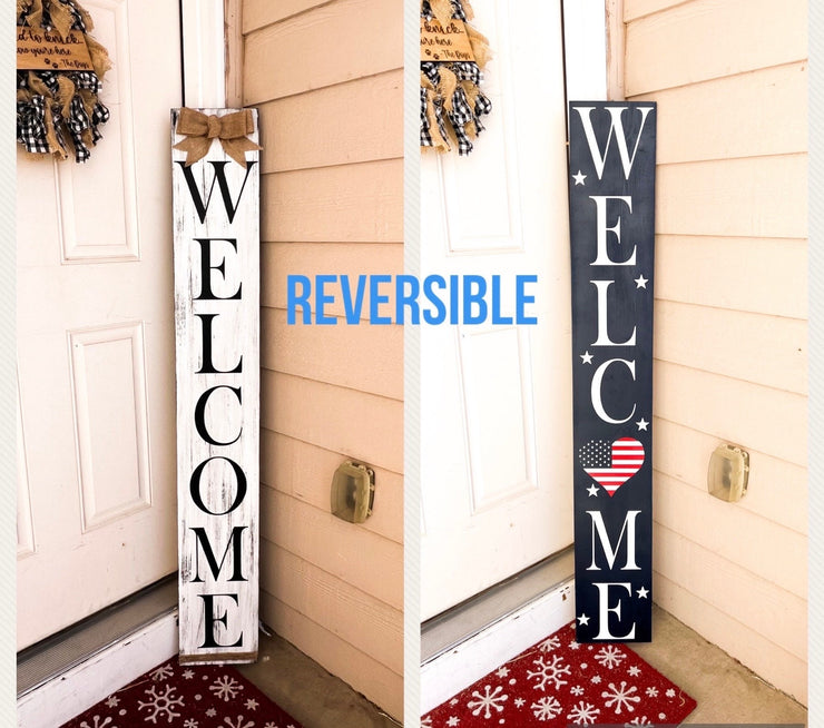Reversible Blue Welcome Heart American Flag Patriotic and White Front Door Welcome Sign, Double Sided - Tall Porch Sign - 4th of July Sign
