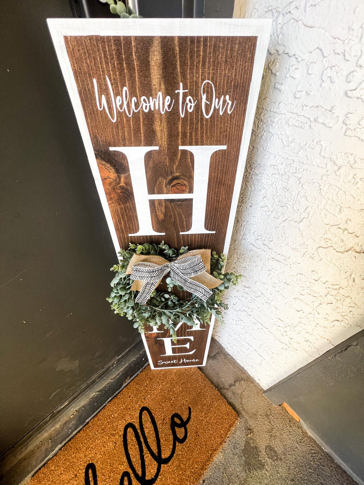 Welcome to Our Home Sweet Home with Exchangeable Wreath Tall Wooden Front Outside Door Sign / Front Porch Door Leaner with Greenery Wreath