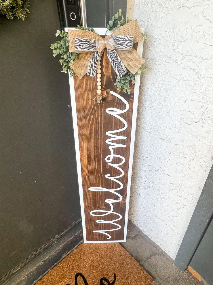 White Painted Framed Welcome Sign with Greenery and Burlap Bow - Farmhouse Style Welcome Front Door Porch Sign - Brown Stained Door Sign