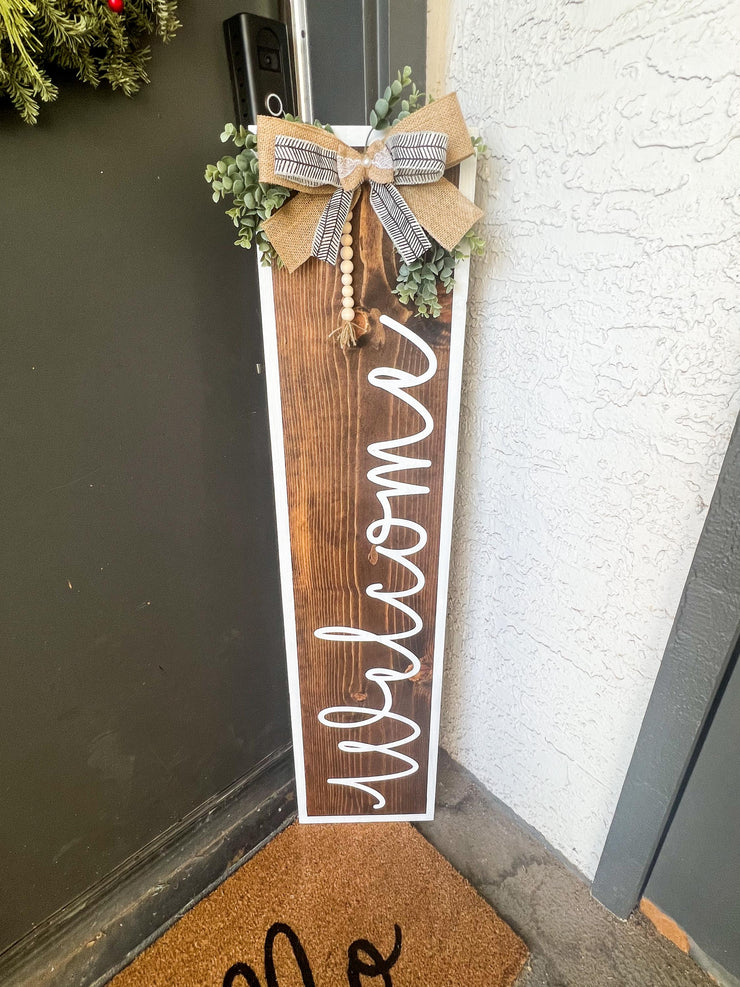 White Painted Framed Welcome Sign with Greenery and Burlap Bow - Farmhouse Style Welcome Front Door Porch Sign - Brown Stained Door Sign