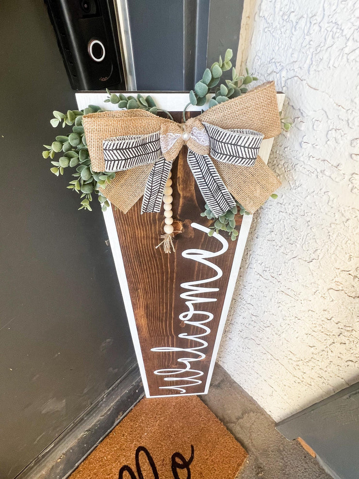 White Painted Framed Welcome Sign with Greenery and Burlap Bow - Farmhouse Style Welcome Front Door Porch Sign - Brown Stained Door Sign