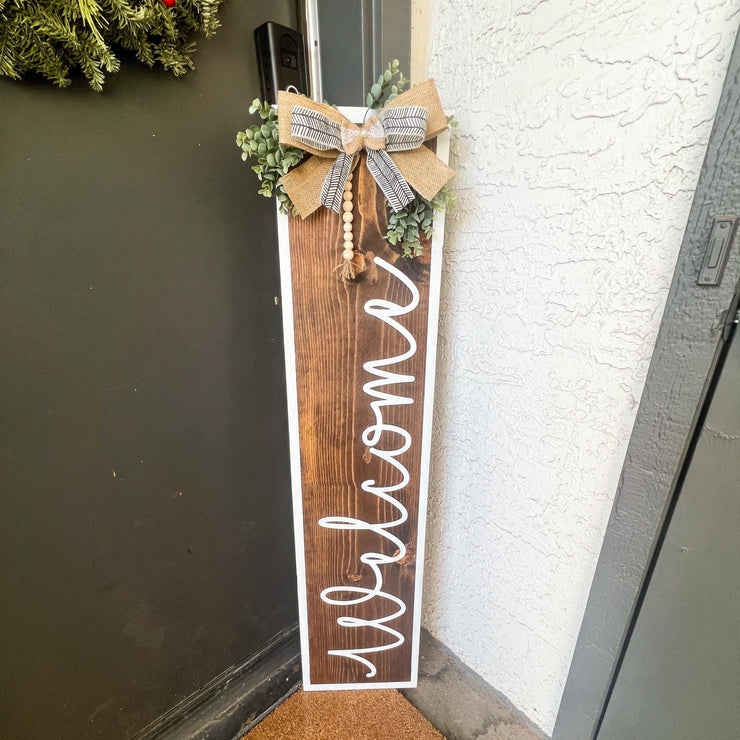 White Painted Framed Welcome Sign with Greenery and Burlap Bow - Farmhouse Style Welcome Front Door Porch Sign - Brown Stained Door Sign