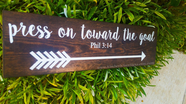 Press on toward the goal bible verse wooden arrow sign decor, Wooden arrow sign, Phil 3:14, Arrow home decor, Bible quote, Wood arrow sign