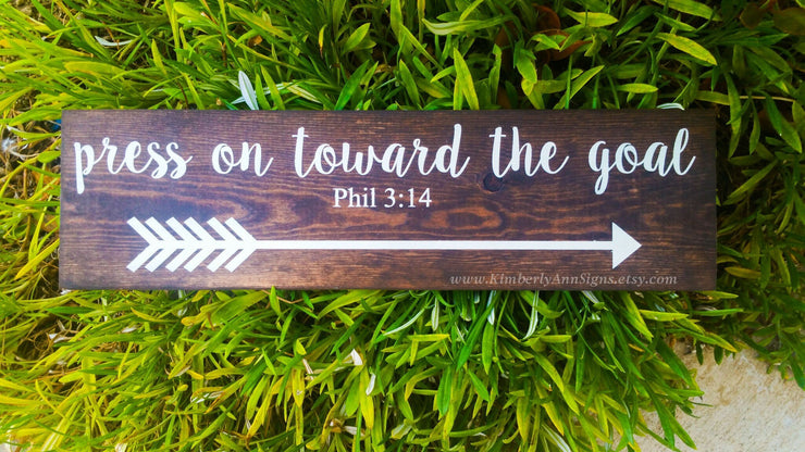 Press on toward the goal bible verse wooden arrow sign decor, Wooden arrow sign, Phil 3:14, Arrow home decor, Bible quote, Wood arrow sign