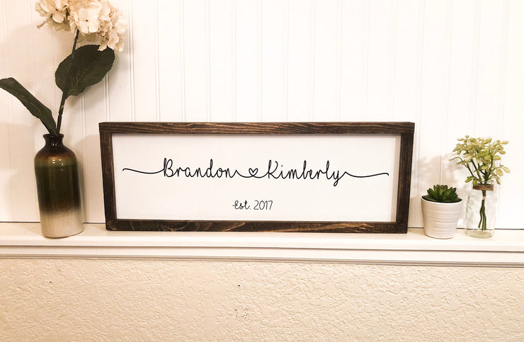 Couple names in framed wood sign with heart and established date. Wedding sign with couples names. Connected heart names sign. Wooden sign