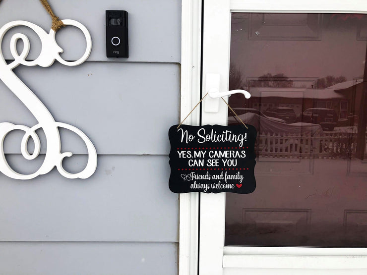 No soliciting! Yes my cameras can see you / No Soliciting door sign / Front door hanging no soliciting sign / I have cameras wooden sign