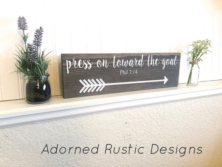 Press on toward the goal bible verse wooden arrow sign decor, Wooden arrow sign, Phil 3:14, Arrow home decor, Bible quote, Wood arrow sign