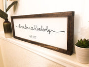 Couple names in framed wood sign with heart and established date. Wedding sign with couples names. Connected heart names sign. Wooden sign