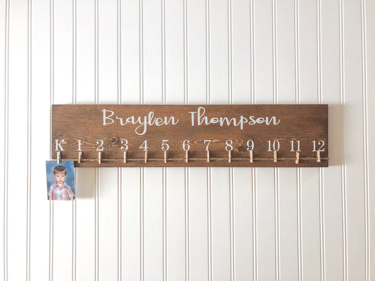 School picture holder sign / Kindergarten through 12th grade / Personalized school picture sign / K-12 wooden pic sign with twine and clips
