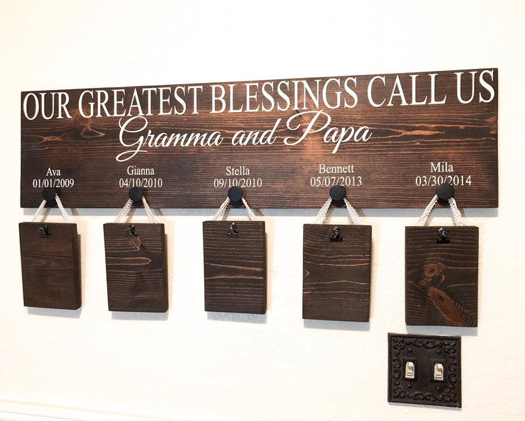 Personalized grandparent sign / Our greatest blessings wooden sign / Custom 5 grandkid name sign / Picture hanging sign for Grandparents