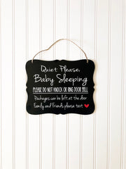 Quiet please baby sleeping, do not knock or ring door bell, packages can be left at the door.. Front door/outdoor wood sign for hanging