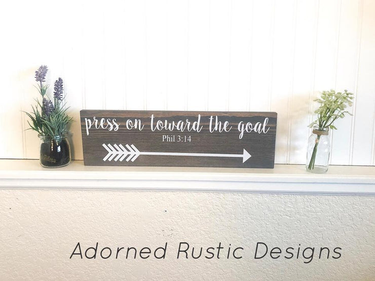 Press on toward the goal bible verse wooden arrow sign decor, Wooden arrow sign, Phil 3:14, Arrow home decor, Bible quote, Wood arrow sign