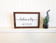 Couple names in framed wood sign with heart and established date, Wedding sign gift with couples names, Connected heart names wood sign.
