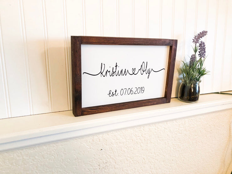 Couple names in framed wood sign with heart and established date, Wedding sign gift with couples names, Connected heart names wood sign.