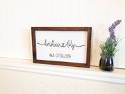 Couple names in framed wood sign with heart and established date, Wedding sign gift with couples names, Connected heart names wood sign.