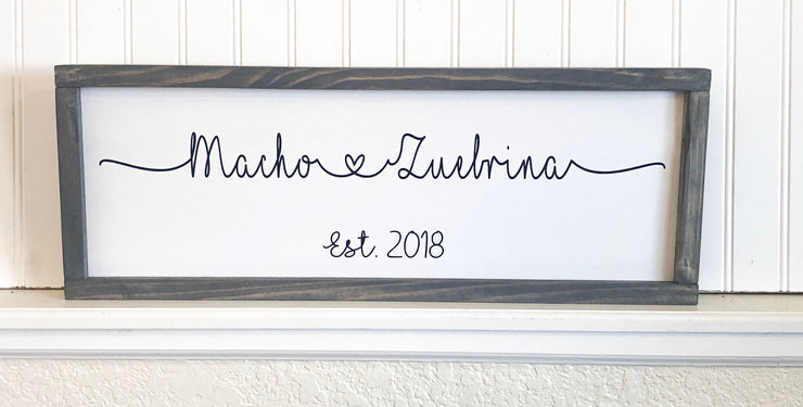 Couple names in framed wood sign with heart and established date. Wedding sign with couples names. Connected heart names sign. Wooden sign