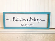 Couple names in framed wood sign with heart and established date. Wedding sign with couples names. Connected heart names sign. Wooden sign