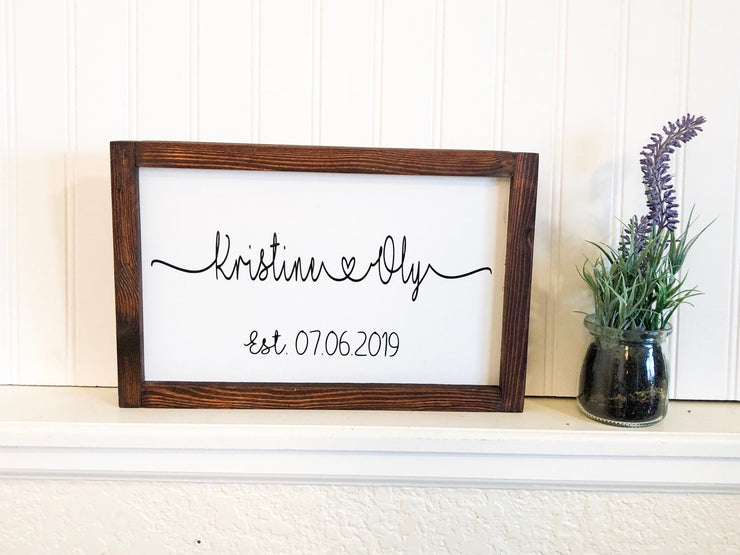 Couple names in framed wood sign with heart and established date, Wedding sign gift with couples names, Connected heart names wood sign.