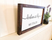 Couple names in framed wood sign with heart and established date, Wedding sign gift with couples names, Connected heart names wood sign.