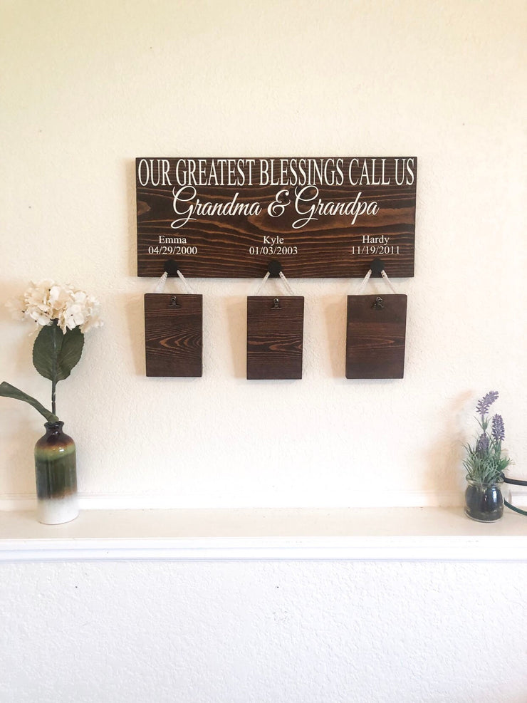 Custom grandparent sign / Our greatest blessings sign / Picture sign with 3 grandkids / Personalized sign for Grandparents / Grandkid names