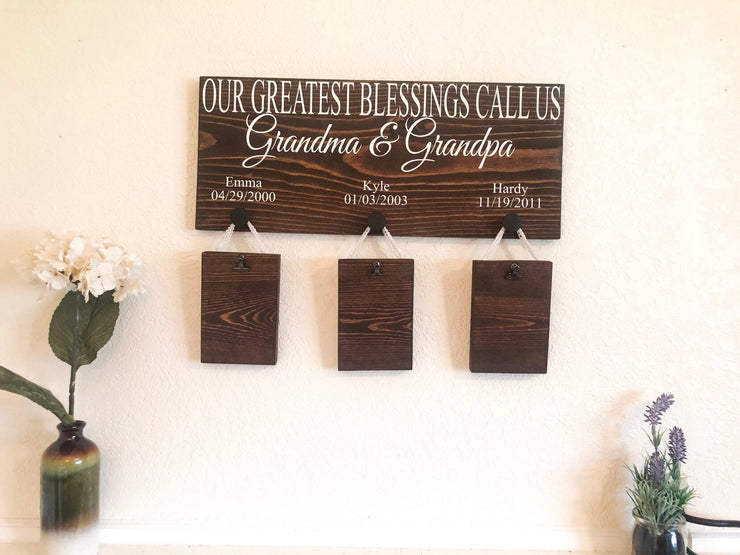 Custom grandparent sign / Our greatest blessings sign / Picture sign with 3 grandkids / Personalized sign for Grandparents / Grandkid names