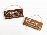 Please no soliciting wood sign / Friends, Family and Amazon welcome / Hanging door sign / Front door no soliciting sign / Small door sign