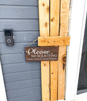 Please no soliciting wood sign / Friends, Family and Amazon welcome / Hanging door sign / Front door no soliciting sign / Small door sign
