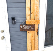 Please no soliciting wood sign / Friends, Family and Amazon welcome / Hanging door sign / Front door no soliciting sign / Small door sign