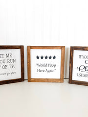 Bathroom framed wood sign/ Would Poop Here Again ***** / Cute/Funny farmhouse framed bathroom sign decor / 5 star rating bathroom sign