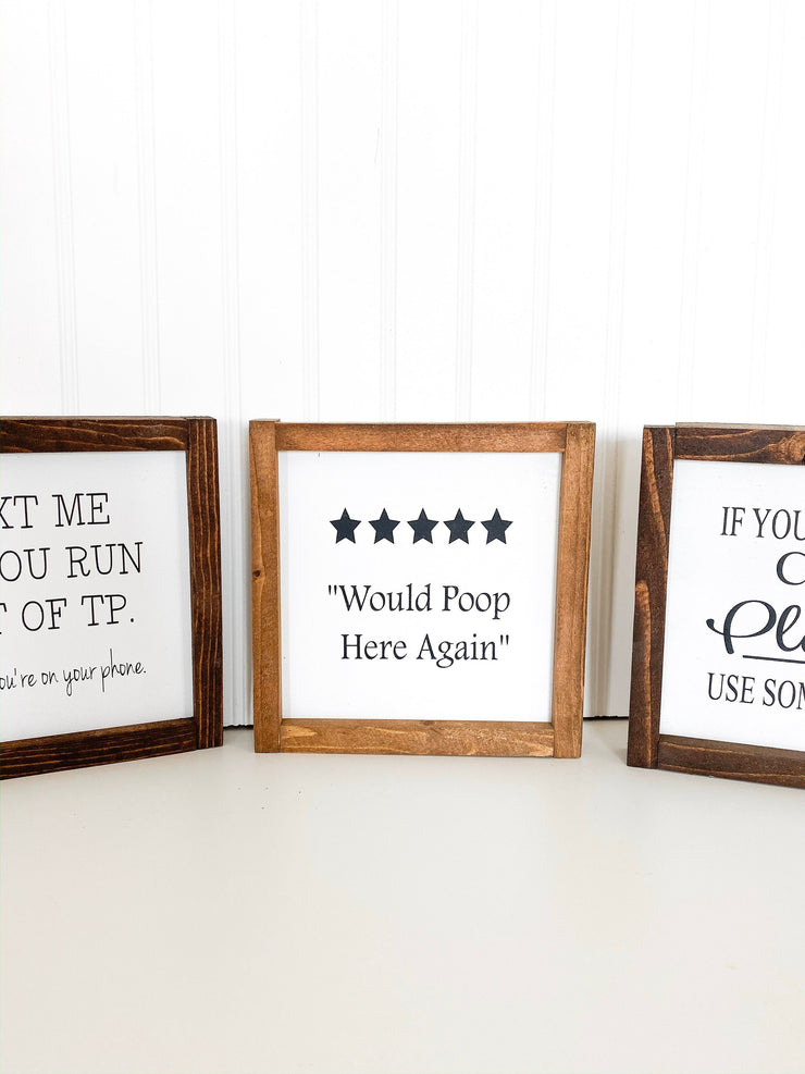 Bathroom framed wood sign/ Would Poop Here Again ***** / Cute/Funny farmhouse framed bathroom sign decor / 5 star rating bathroom sign