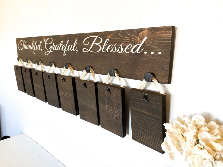 Thankful, Grateful, Blessed sign / Wooden picture hanger sign / Personalized wall decor sign / Custom thankful sign with picture plaques