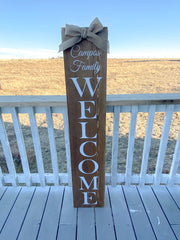 Welcome Front Door Wood with Family Name and burlap ribbon. Tall Wooden Rustic front porch door sign, Front porch sign, Wooden signs