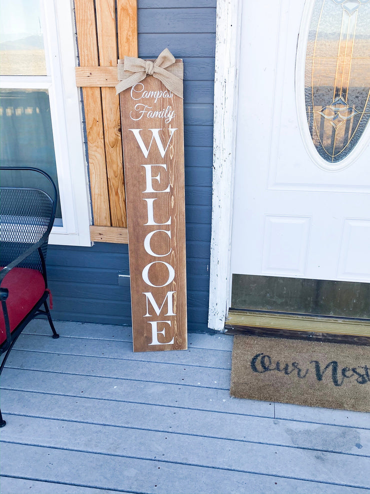 Welcome Front Door Wood with Family Name and burlap ribbon. Tall Wooden Rustic front porch door sign, Front porch sign, Wooden signs