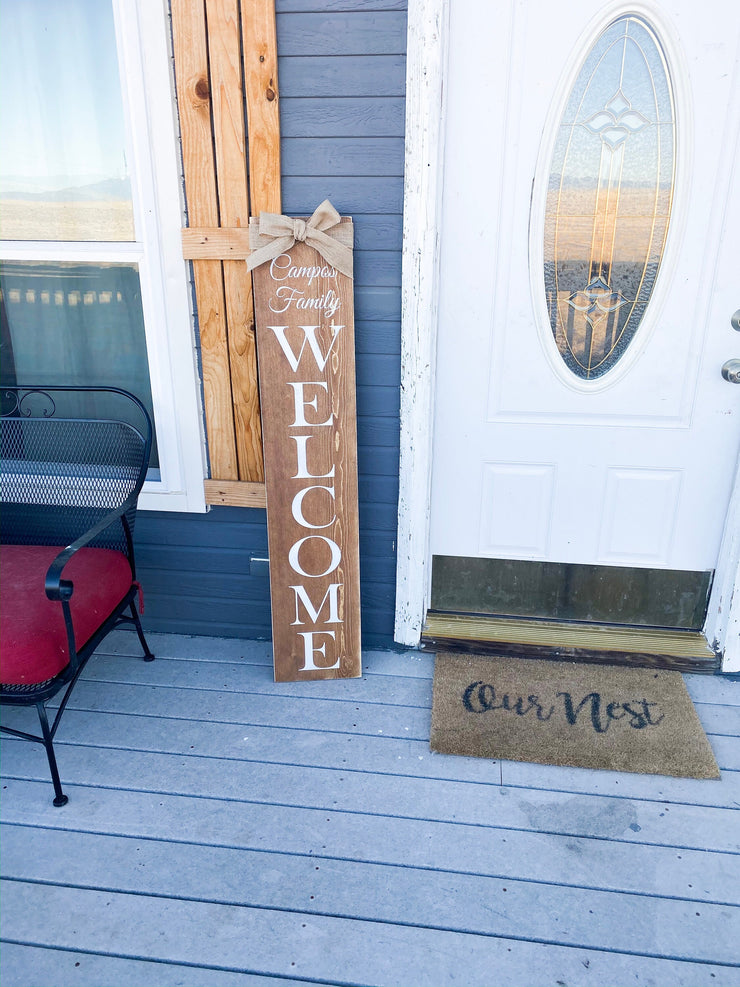 Welcome Front Door Wood with Family Name and burlap ribbon. Tall Wooden Rustic front porch door sign, Front porch sign, Wooden signs