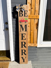 Farmhouse Rustic Be Merry Christmas sign with buffalo plaid bow and burlap bow porch / door sign. Large Be Merry front door wood sign