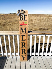 Farmhouse Rustic Be Merry Christmas sign with buffalo plaid bow and burlap bow porch / door sign. Large Be Merry front door wood sign